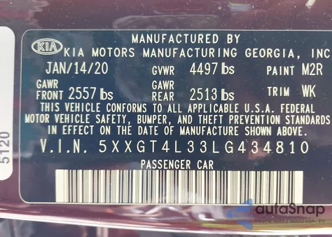 2020 Kia Optima Lx from USA, damaged, VIN 5XXGT4L33LG434810